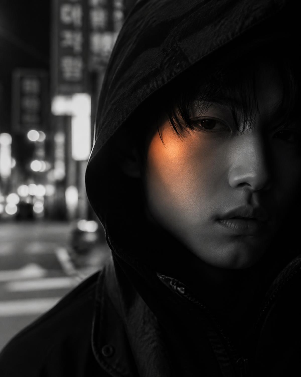 Close portrait of a person in a hood on a Seoul street at night